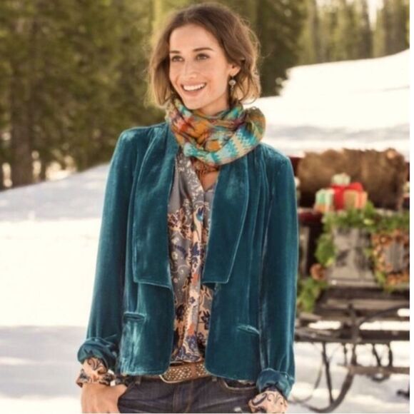 Sundance Velvet Silk Lined Jewel Toned Teal Open Jacket - Picture 2 of 7